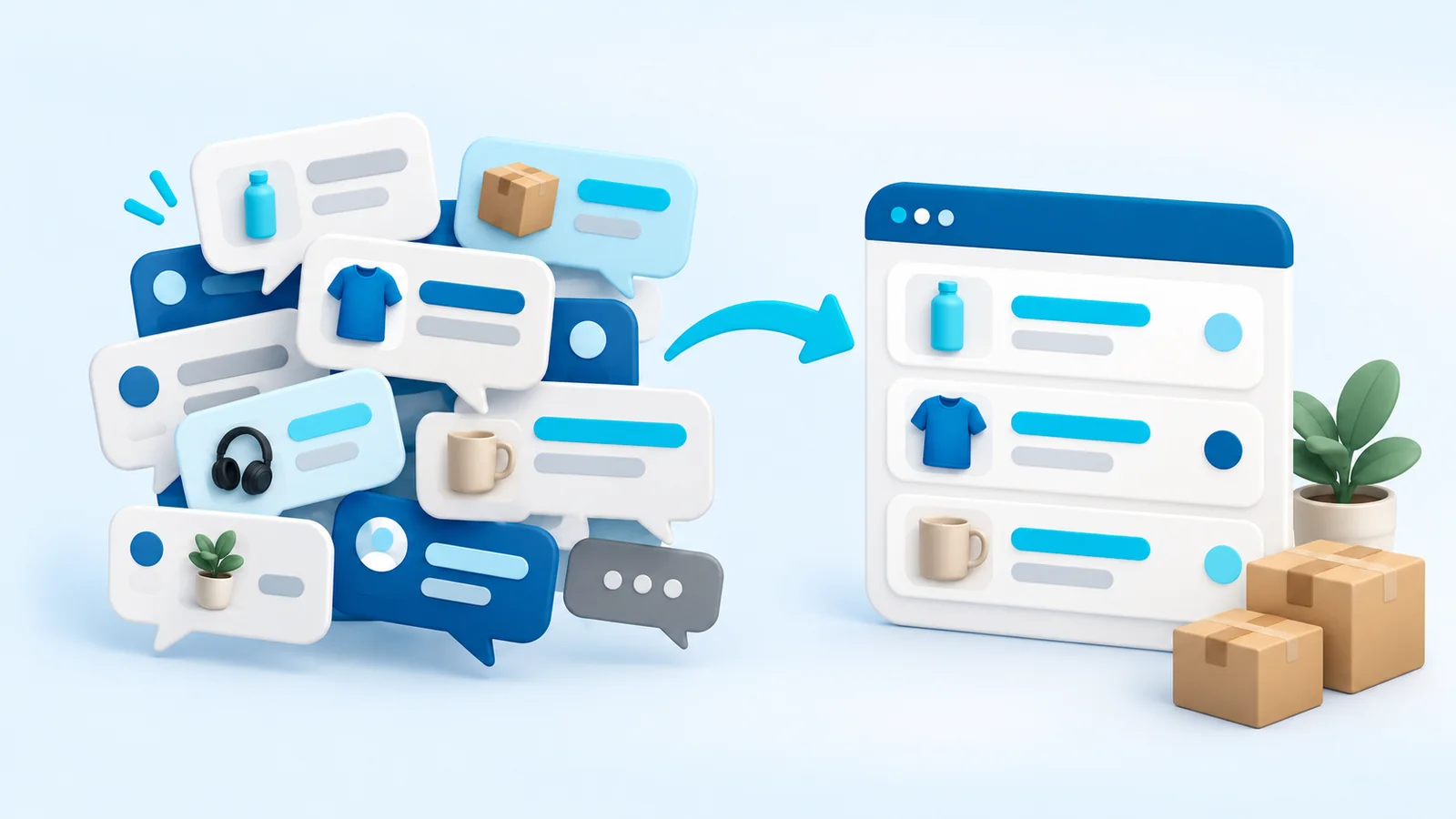 Illustration contrasting a cluttered chat inbox full of order messages with a tidy, structured order list