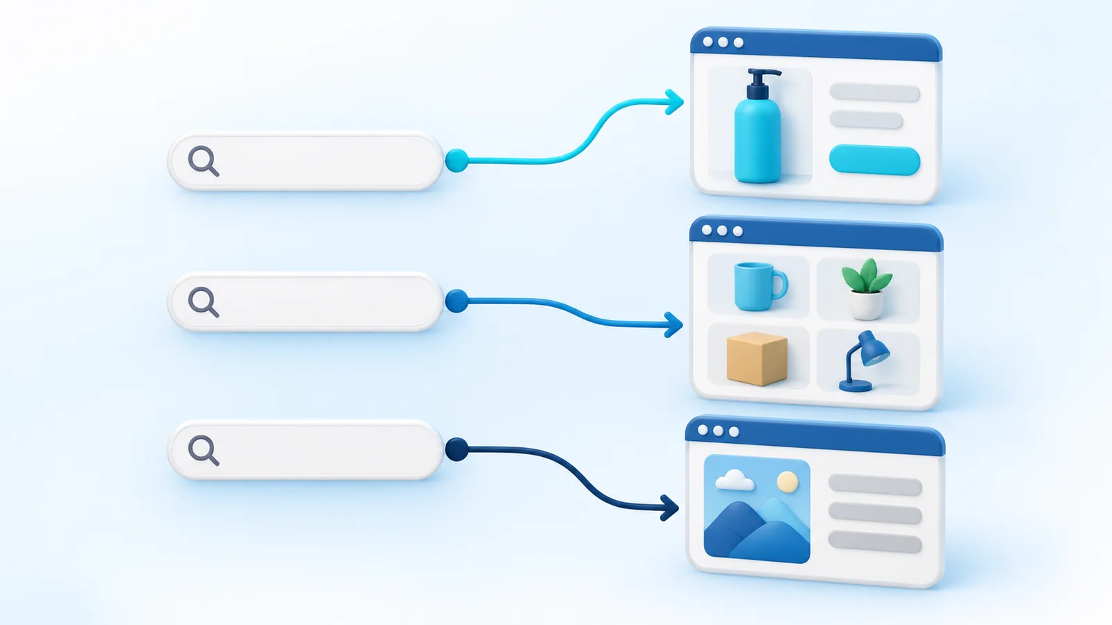 Illustration of search queries flowing into three kinds of pages: a product page, a category page and an article