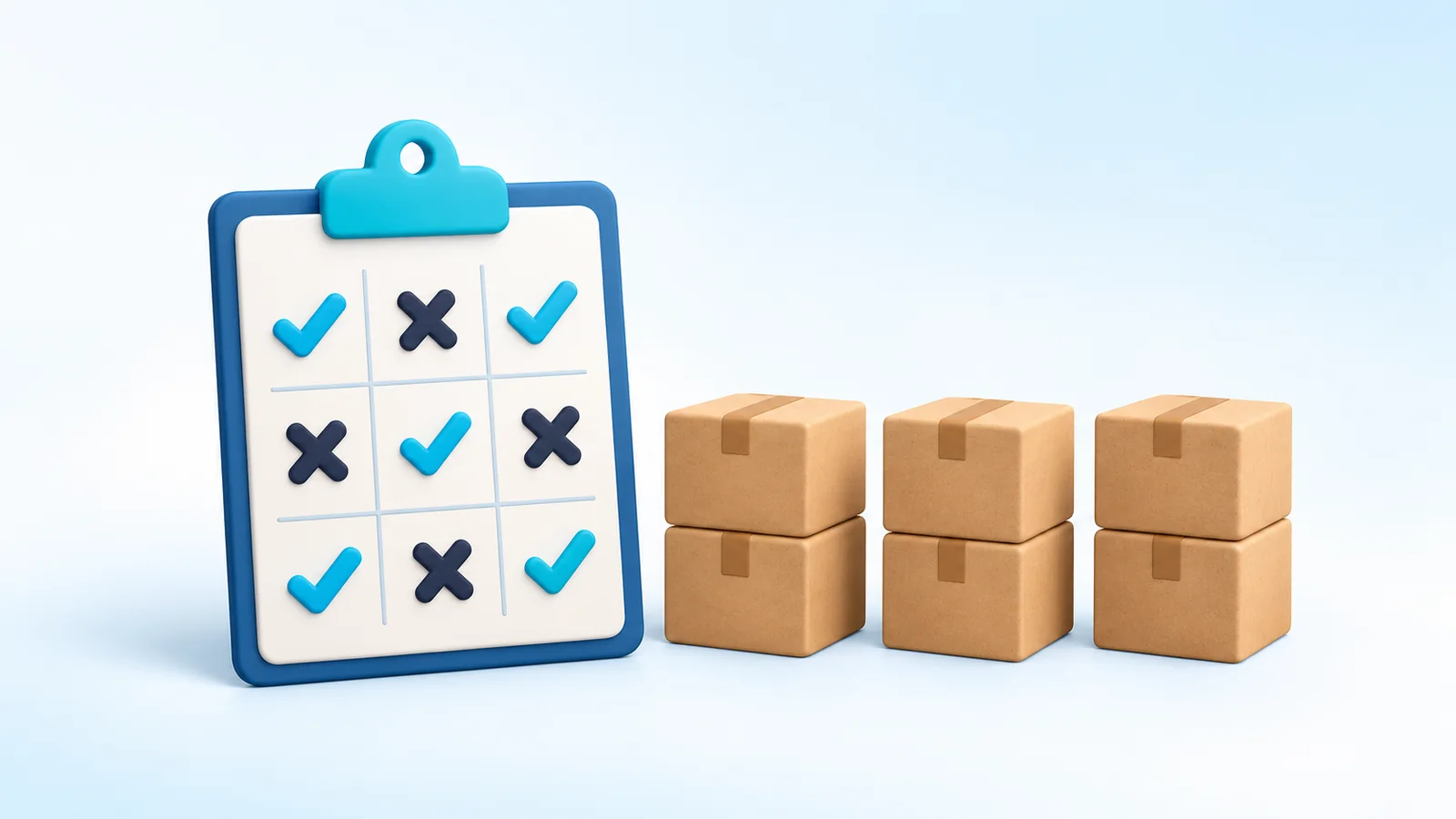 Illustration of a clipboard log with rows of check marks and crosses, next to three stacks of parcels